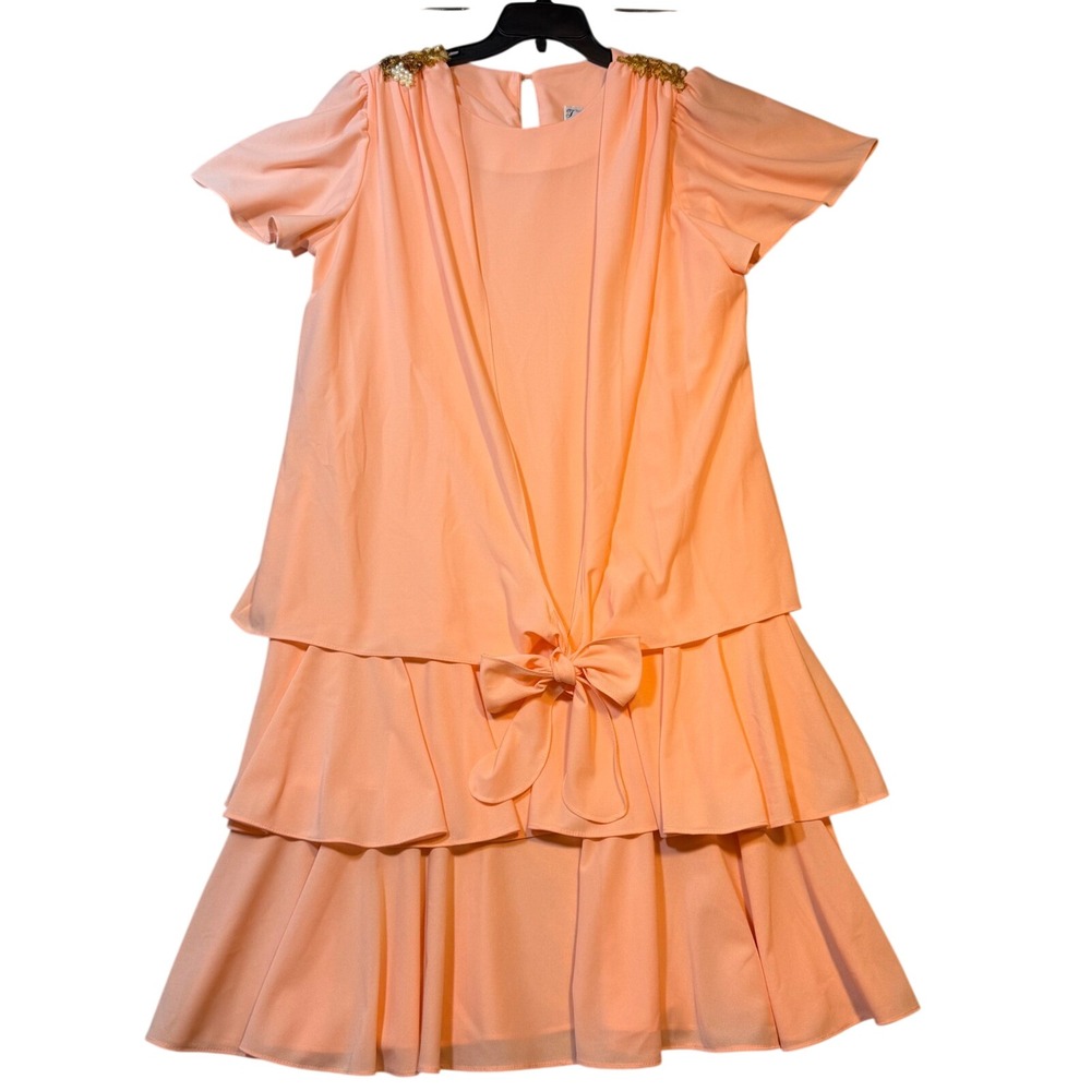 Vintage 80s Peach Drop Waist Tiered Ruffle Dress‎ Beaded Pearl Shoulder Peach 18